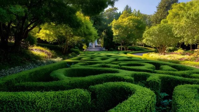 Sunlit formal garden with perfectly trimmed hedges forming a circular maze, surrounded by trees.