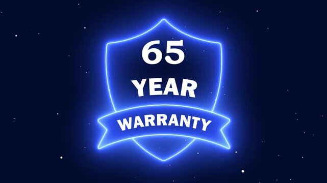 Customer Satisfaction Guarantee Emblem. Neon line 65 Years Warranty Shield Emblem. Assurance Business Guarantee Security Protection Concept. 65 years warranty label badge design animation.