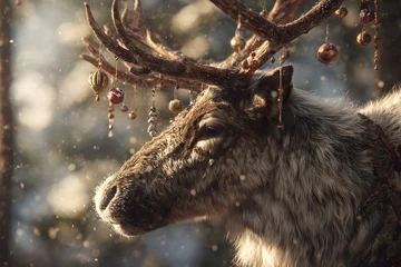 Fototapete Waldtiere A majestic reindeer with Christmas ornaments hanging from its antlers  © Percy Lou