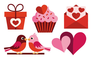 Valentine's Day icons, muffin, love birds, hearts, envelope and gift box