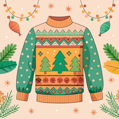 Colorful Nordic Christmas sweater with festive patterns and holiday motifs