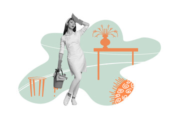 Creative collage picture young woman cleaner housekeeper service bucket exhausted overworked overwhelmed duty worker drawing background