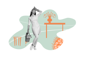 Creative collage picture young woman cleaner housekeeper service bucket exhausted overworked overwhelmed duty worker drawing background