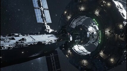 A silent, cinematic shot of a massive, unmanned cargo freighter slowly maneuvering and docking with an intricate, spinning orbital station, all illuminated by distant, cold starlight - Powered by Adobe