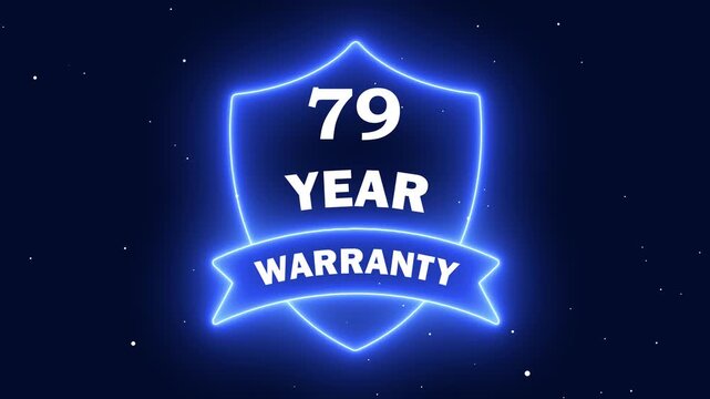 Shining Neon Quality Assurance Emblem. Neon line 79 Years Warranty Shield Emblem. Assurance Business Guarantee Security Protection Concept. 79 years warranty label badge design animation.