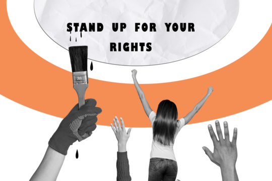 Composite photo collage of anonym girl feminism protest activist hands paintbrush graffiti stand rights isolated on painted background - Powered by Adobe