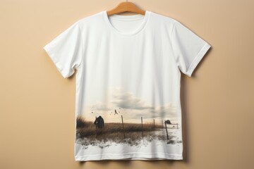 White t shirt with a print of a horse grazing in a snowy field at sunset, with birds flying overhead