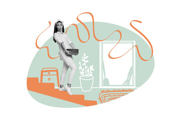 Creative collage picture young girl houseworker duty service walk stairs down carry stack dishes cleanup interior house drawing background