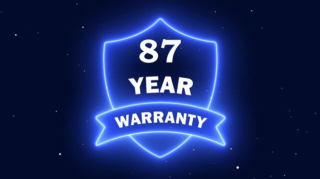 Long-Lasting Product Guarantee Symbol. Neon line 87 Years Warranty Shield Emblem. Assurance Business Guarantee Security Protection Concept. 87 years warranty label badge design animation.