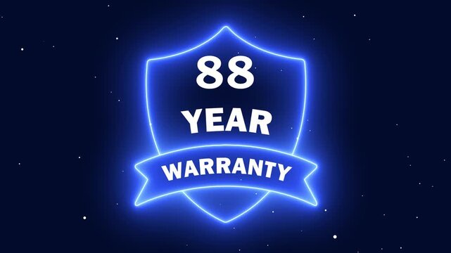 Warranty Shield with Digital Effect. Neon line 88 Years Warranty Shield Emblem. Assurance Business Guarantee Security Protection Concept. 88 years warranty label badge design animation.