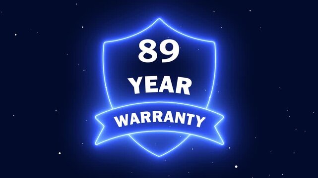 Guaranteed Service Badge Animation. Neon line 89 Years Warranty Shield Emblem. Assurance Business Guarantee Security Protection Concept. 89 years warranty label badge design animation.