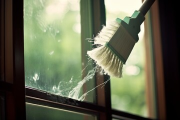 Brush removing cobwebs and dust from dirty window with cleaning product, spring cleaning concept