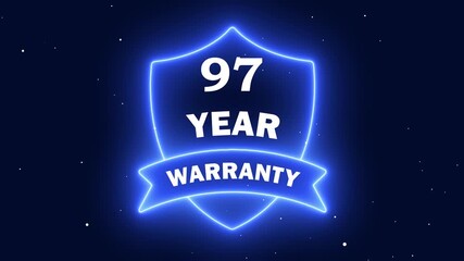 97 Year Warranty Neon Shield Animation. Neon line 97 Years Warranty Shield Emblem. Assurance Business Guarantee Security Protection Concept. 97 years warranty label badge design animation.