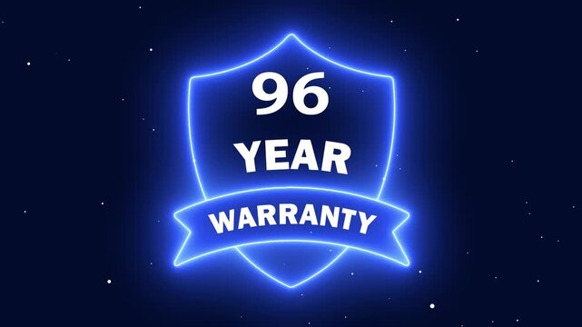 96 Years Warranty Animated Badge. Neon line 96 Years Warranty Shield Emblem. Assurance Business Guarantee Security Protection Concept. 96 years warranty label badge design animation.