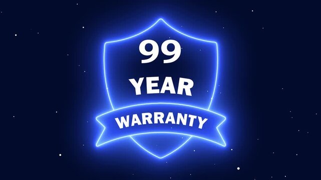 Product Warranty and Guarantee Concept. Neon line 99 Years Warranty Shield Emblem. Assurance Business Guarantee Security Protection Concept. 99 years warranty label badge design animation.