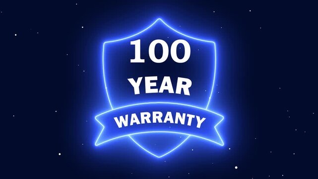 Glowing Neon Shield with 100 Year Warranty. Neon line 100 Years Warranty Shield Emblem. Assurance Business Guarantee Security Protection Concept. 100 years warranty label badge design animation.