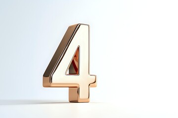 Fototapeta premium Metallic rose gold number 4 standing upright on white surface with soft shadow, isolated on white background for design and typography projects.