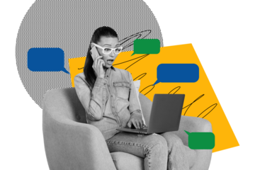 Creative picture collage young sitting shocked woman overloaded multitasking laptop phone call remote work communication reply message