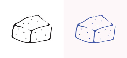 A hand-drawn sugar cube in black line art style, ideal for food and beverage-related themes such as desserts, drinks, and kitchen ingredients.