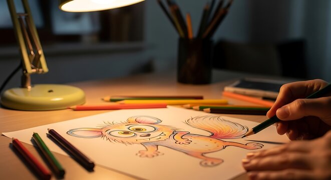 Artist drawing cartoon character at desk under lamp light.