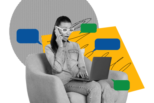 Creative picture collage young sitting shocked woman overloaded multitasking laptop phone call remote work communication reply message