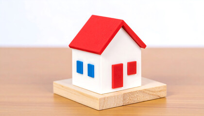 木製台の上に置かれた一戸建て模型が醸し出す洗練と温もりのある印象