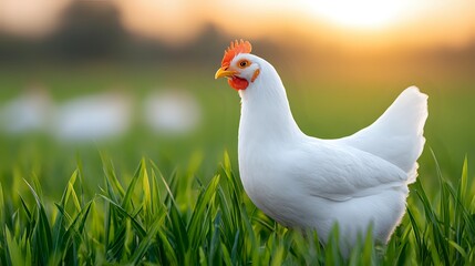 Fototapeta premium White chicken standing in green grass during golden sunset. Vibrant red comb and natural farm setting create peaceful rural atmosphere. Suitable for agriculture and organic farming concepts.