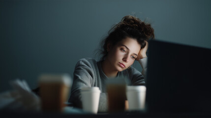 Tired woman working late at laptop
