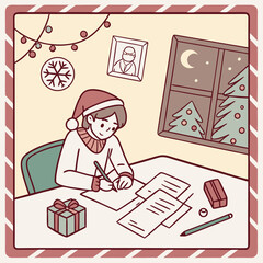 Child writing Christmas cards in cozy winter environment with holiday decorations
