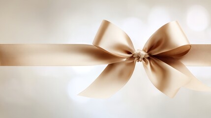 Fototapeta premium Beige ribbon with decorative bow sits on white elegant beige ribbon forms charming bow on plain white background