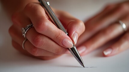 Person writing on paper with pen close up of hand holding pen actively writing on paper