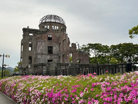 Hiroshima Atomic Bomb Dome Genbaku Peace Memorial ruins with pink flowers Japan