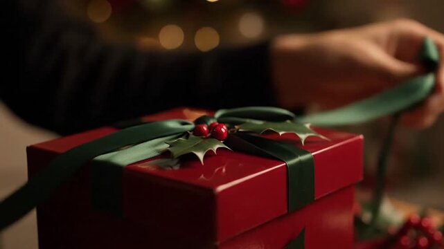 Unwrapping holiday joy: Festive red gift box reveal with green ribbon and holly