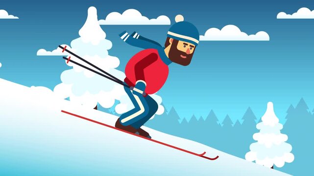 Cartoon skier racing downhill on a snowy mountain slope. Bearded man rushes at high speed against a blue sky background with pine trees and snow. Loop Animation