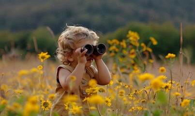 Young girl with blonde curly hair looking through binoculars in wildflower meadow with yellow blooms, exploring nature on summer day, childhood curiosity and adventure.