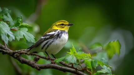 Fototapeta premium A Stunning Black-Throated Green Warbler Posing Gracefully on a Tree Branch Against a Grey and White Backdrop