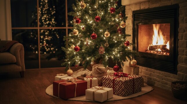 Cozy Christmas living room with decorated tree, glowing fireplace and wrapped gifts. Warm festive atmosphere, soft natural light, clean composition, professional photography. - Powered by Adobe