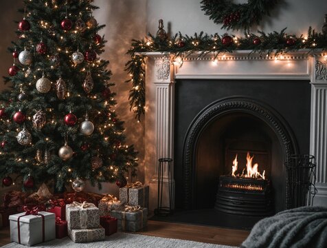 Cozy Christmas living room with decorated tree, glowing fireplace and wrapped gifts. Warm festive atmosphere, soft natural light, clean composition, professional photography.