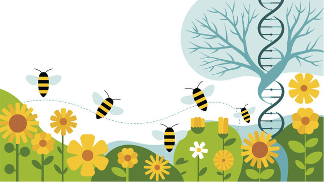 Bees flying between flowers symbolizing pollination and biodiversity