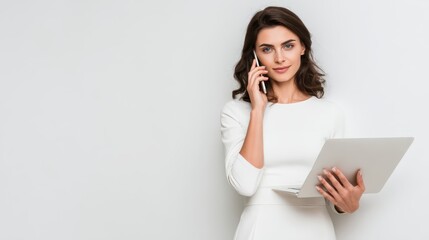 Woman in white dress holds tablet talks on phone lady in white garment communicates via phone holding device