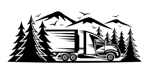 A truck on a road among forests and mountains.