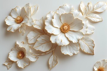 white flower with gold leaves on a wooden background