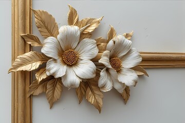 white flower with gold leaves on a wooden background