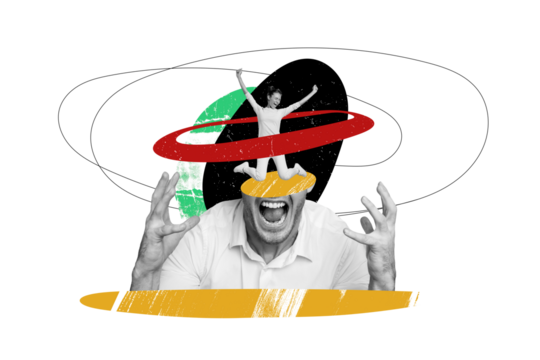 Composite trend artwork sketch image photo collage of couple young man half head crazy mind woman small jump success scream loud voice