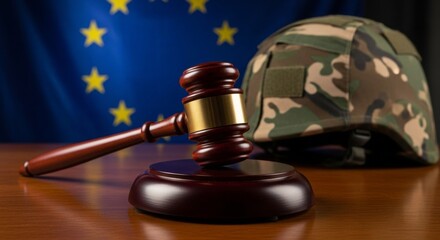 Gavel and military helmet in front of eu flag symbolizing law and defense