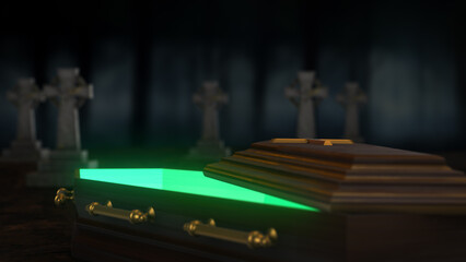 Creepy Shaking Coffin and Emerging Skeleton Hand &ndash; Horror Scene Inspired by Halloween and Samhain