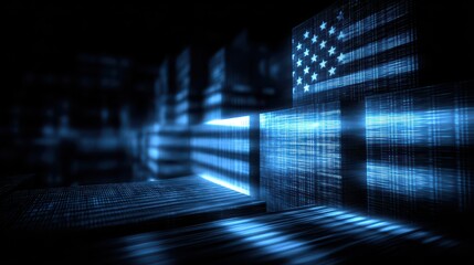 American flag hangs prominently in dark room large american flag displayed on wall of dark interior