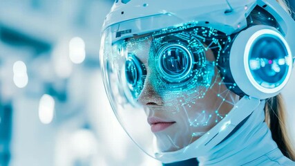 Human subject interacts with advanced augmented reality interface displayed within sleek, futuristic headwear device, showcasing glowing digital data - Powered by Adobe