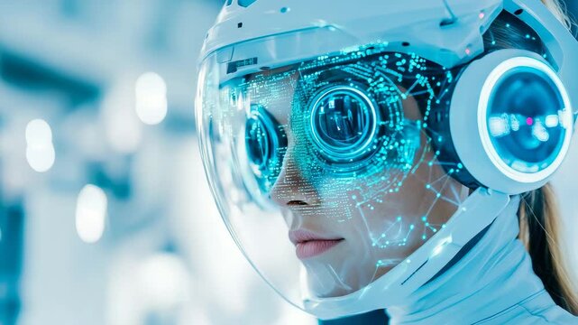 Human subject interacts with advanced augmented reality interface displayed within sleek, futuristic headwear device, showcasing glowing digital data