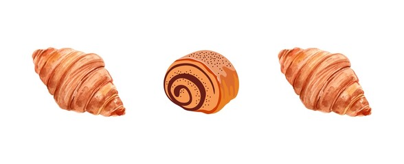 Croissant and Pain au Chocolat Isolated on White Background Vector Illustration Top View. Ideal for bakery branding, cafe menu design, recipe blogs, food packaging, or culinary artwork. 